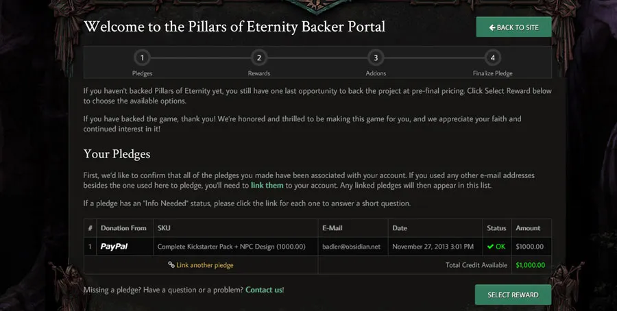 Portal donatorów Pillars of Eternity – strona powitalna z listą wpłat