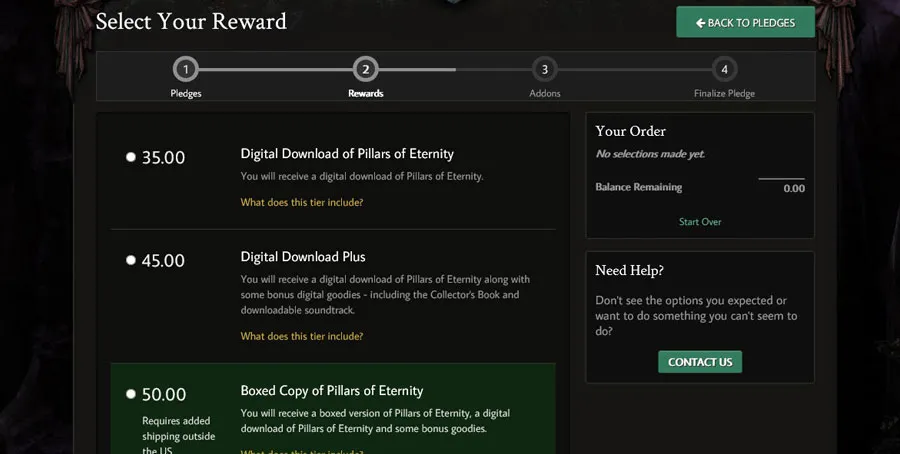 Portal donatorów Pillars of Eternity – wybór nagrody