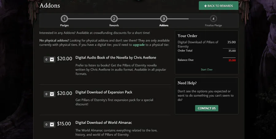 Portal donatorów Pillars of Eternity – wybór dodatków