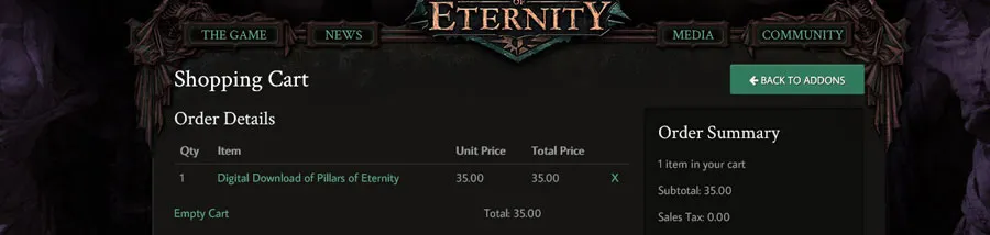 Portal donatorów Pillars of Eternity – koszyk zamówienia