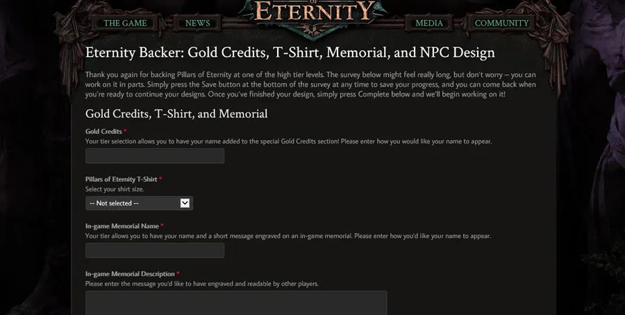 Portal donatorów Pillars of Eternity – formularz nagród w grze