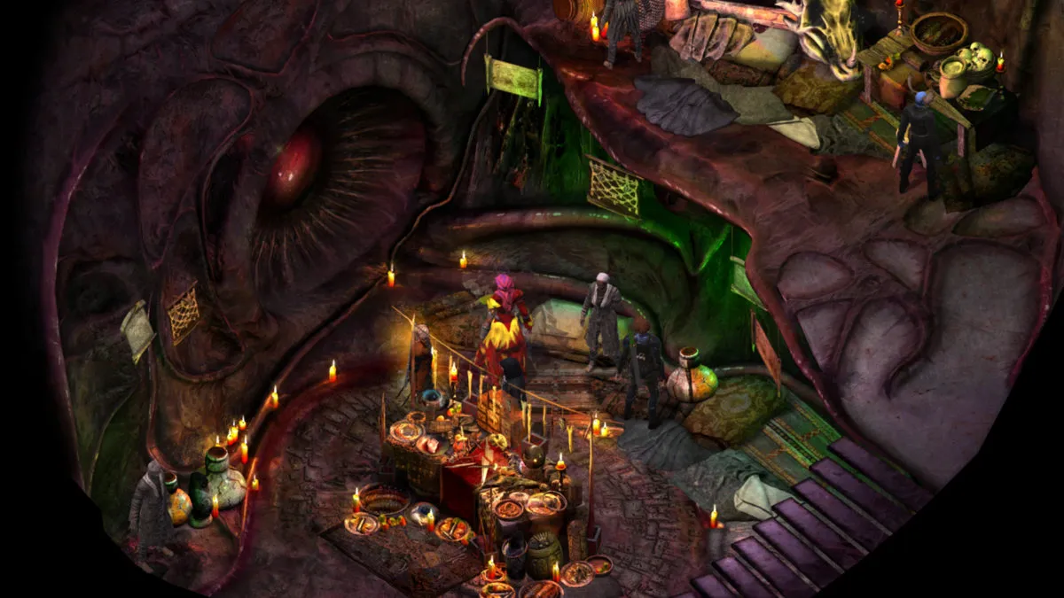Torment: Tides of Numenera – targowisko pełne postaci, zrzut ekranu