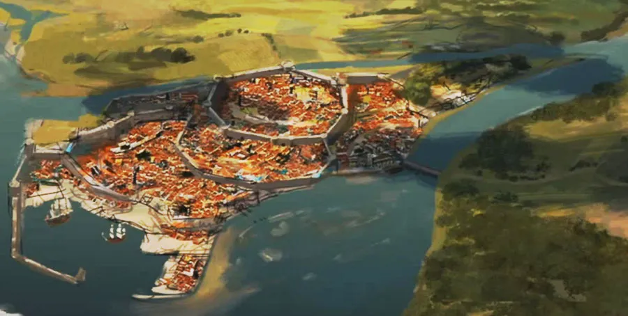 Pillars of Eternity – miasto nad rzeką z lotu ptaka