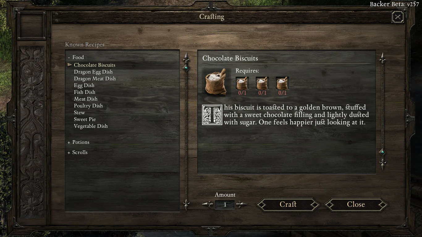 Pillars of Eternity – okno rzemiosła z przepisem na herbatniki czekoladowe