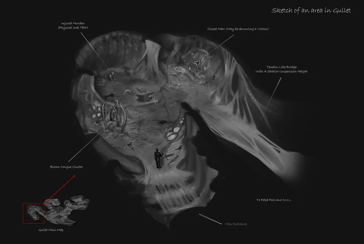 Szkic koncepcyjny Gullet – lokacja z Mask of the Betrayer (George Ziets)