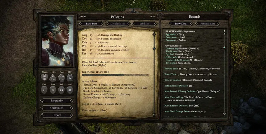 Pillars of Eternity – okno postaci w interfejsie