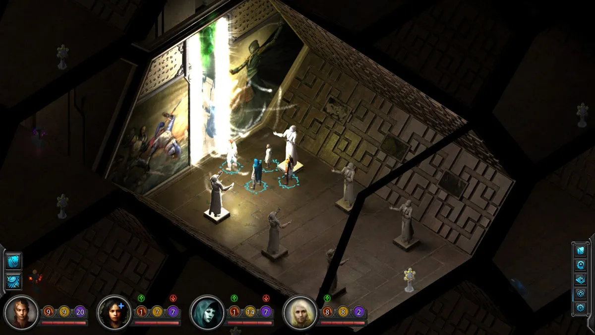 Torment: Tides of Numenera – drużyna w świątyni, zrzut ekranu z recenzji