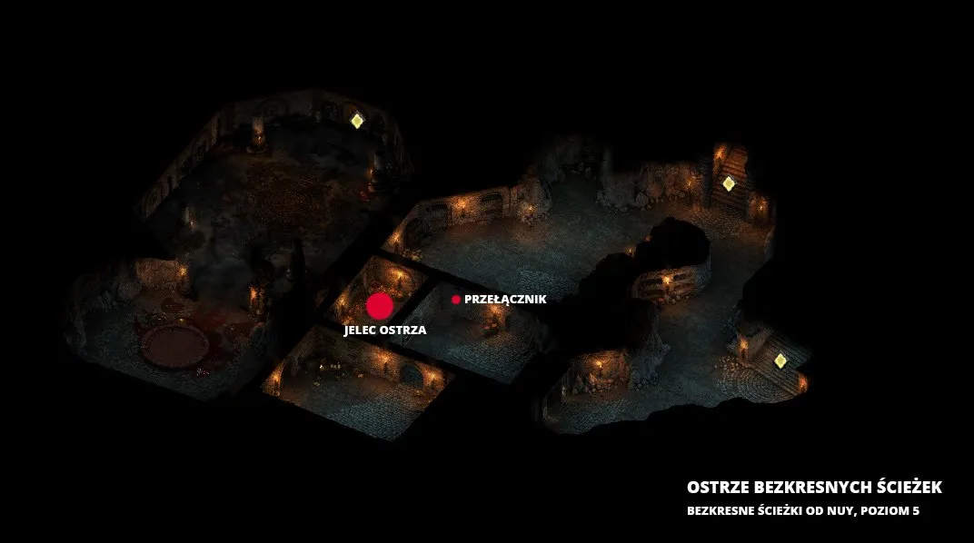 Mapa 5. poziomu Bezkresnych Ścieżek Od Nuy z zaznaczonym jelcem ostrza i przełącznikiem