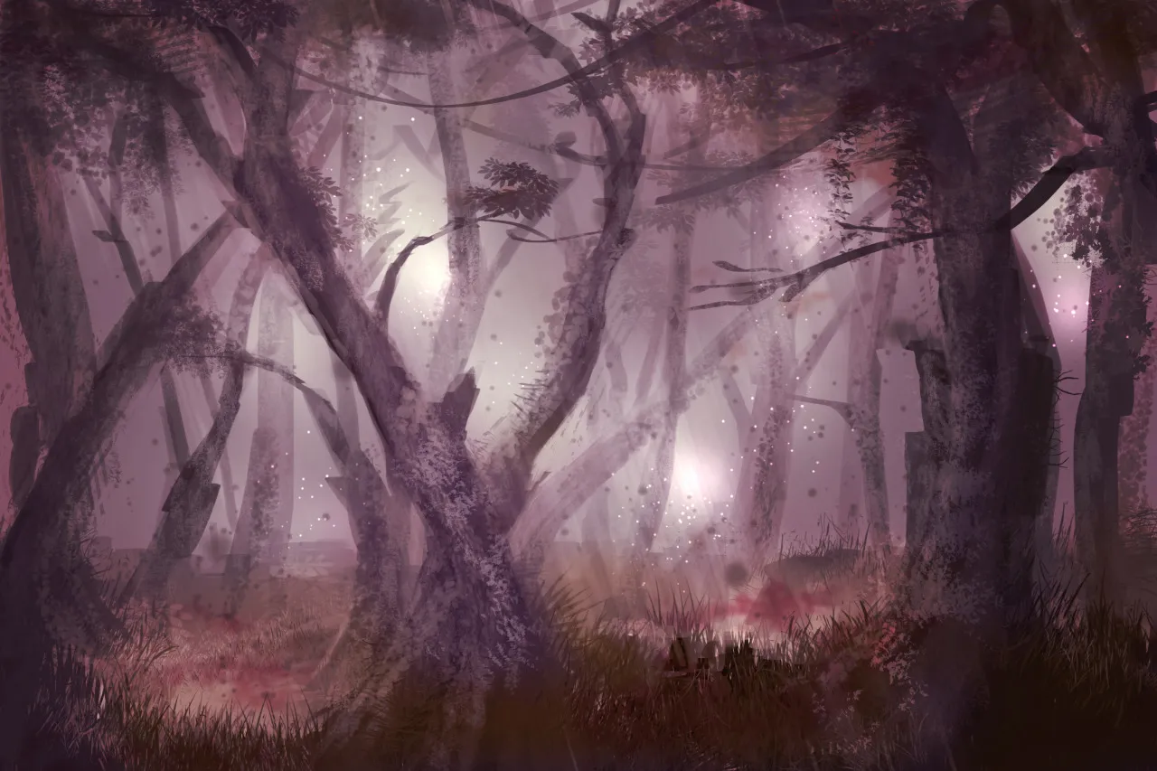 Ilustracja sfery – mroczny las spowity fioletową mgłą