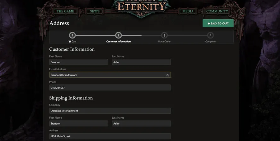 Portal donatorów Pillars of Eternity – formularz adresu wysyłki
