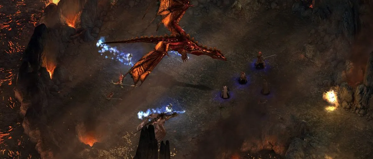 Pillars of Eternity – drużyna walcząca ze smokiem w jaskini pełnej lawy