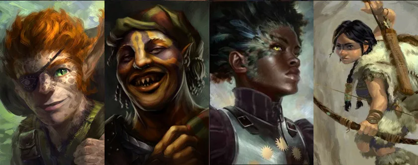 Portrety towarzyszy z Pillars of Eternity, m.in. Hiraviasa, Palleginy i Sagani