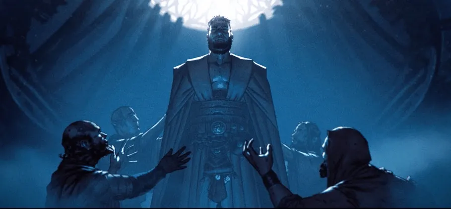Scena z intro Torment: Tides of Numenera – postacie w kapturach przed świetlistą postacią