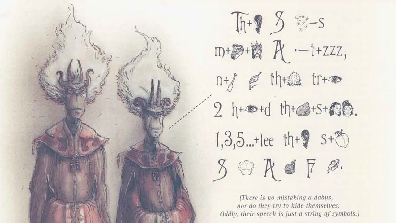 Szkic dwóch dabusów z ich językiem obrazkowych symboli (Tony DiTerlizzi)