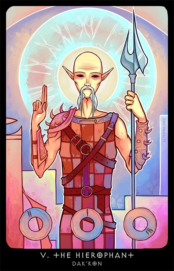 Karta tarota „V. Arcykapłan” (Dak’kon) z tarota Alphyny