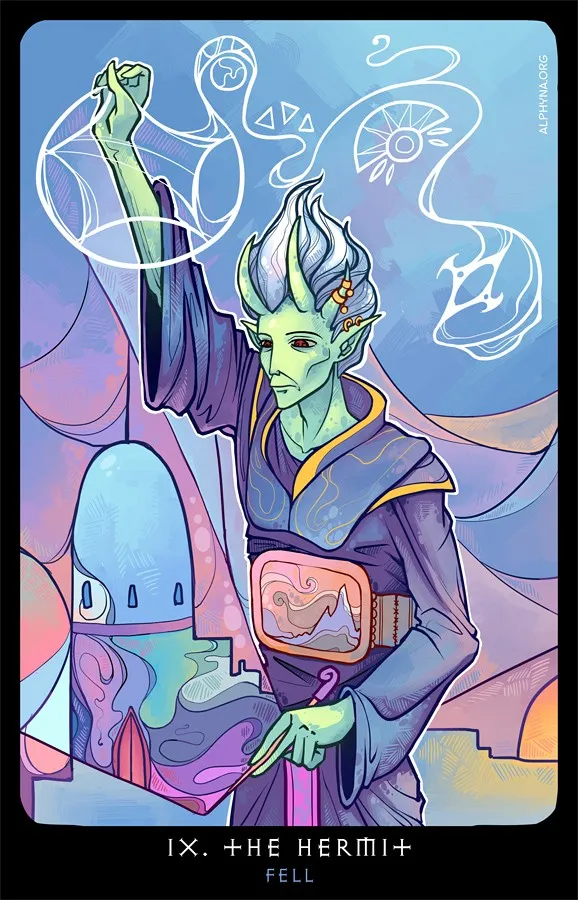 Karta tarota „IX. Eremita” (Fell) z tarota Alphyny