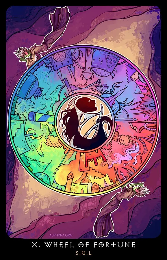 Karta tarota „X. Koło Fortuny” (Sigil) z tarota Alphyny