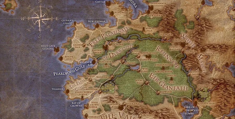 Mapa Wschodniego Wybrzeża w świecie Eora (Pillars of Eternity)