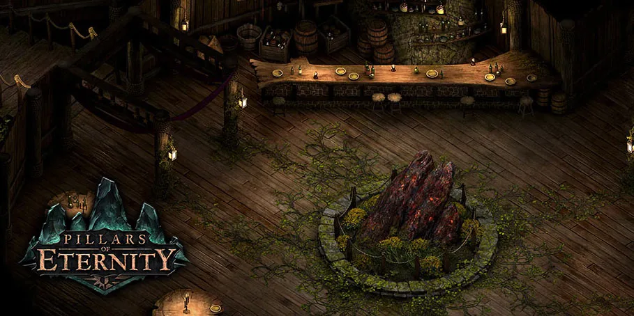 Pillars of Eternity – wnętrze karczmy z pnączami przy palenisku