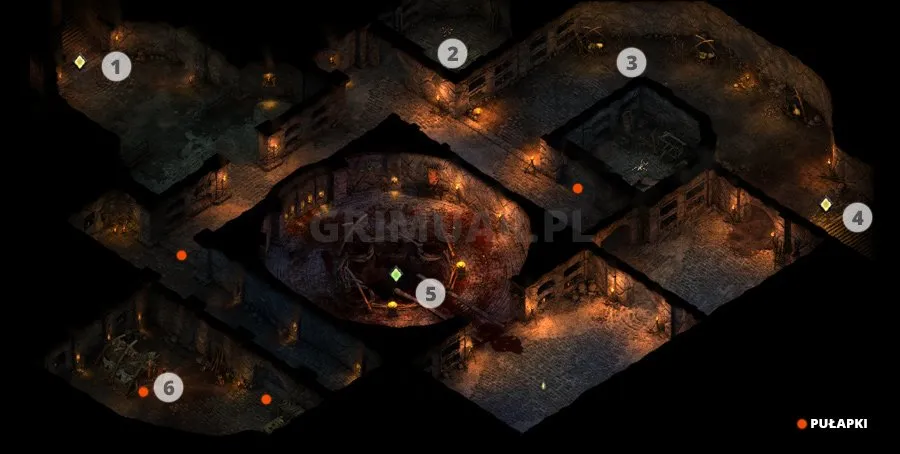 Mapa 2. poziomu Bezkresnych Ścieżek Od Nuy z oznaczeniami i pułapkami (Pillars of Eternity)