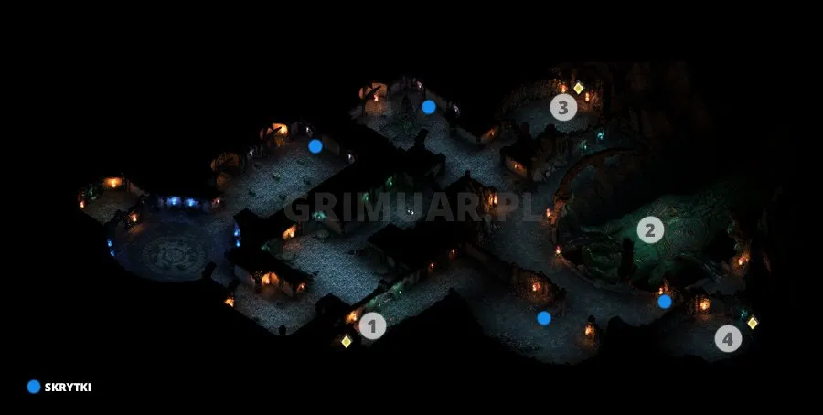Mapa 8. poziomu Bezkresnych Ścieżek Od Nuy z oznaczeniami i skrytkami (Pillars of Eternity)