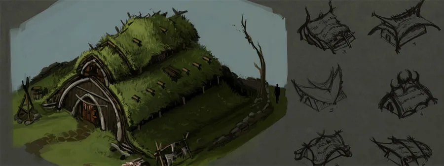 Szkic koncepcyjny budowli porośniętej mchem i elementów technologii z Pillars of Eternity