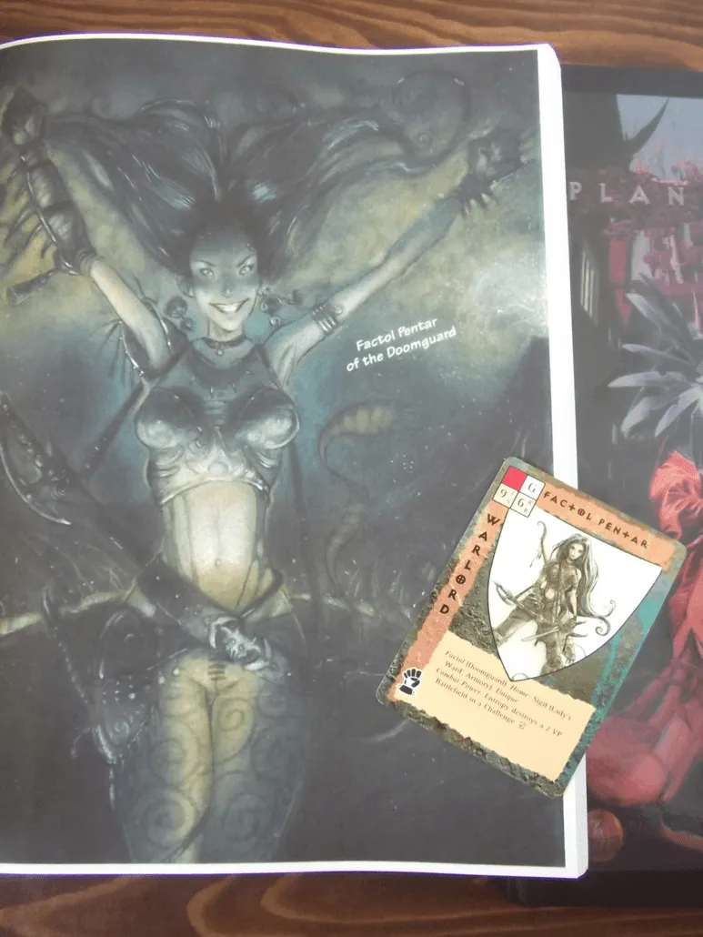 Przedruk podręcznika Planescape – całostronicowa ilustracja z kartą postaci