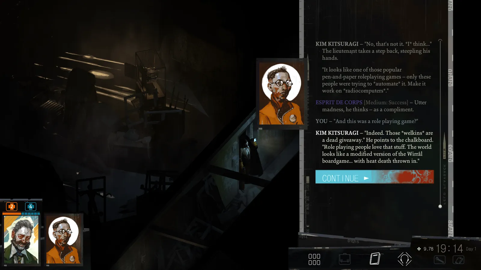 Disco Elysium – rozmowa w ciemnym wnętrzu, okno dialogowe po prawej