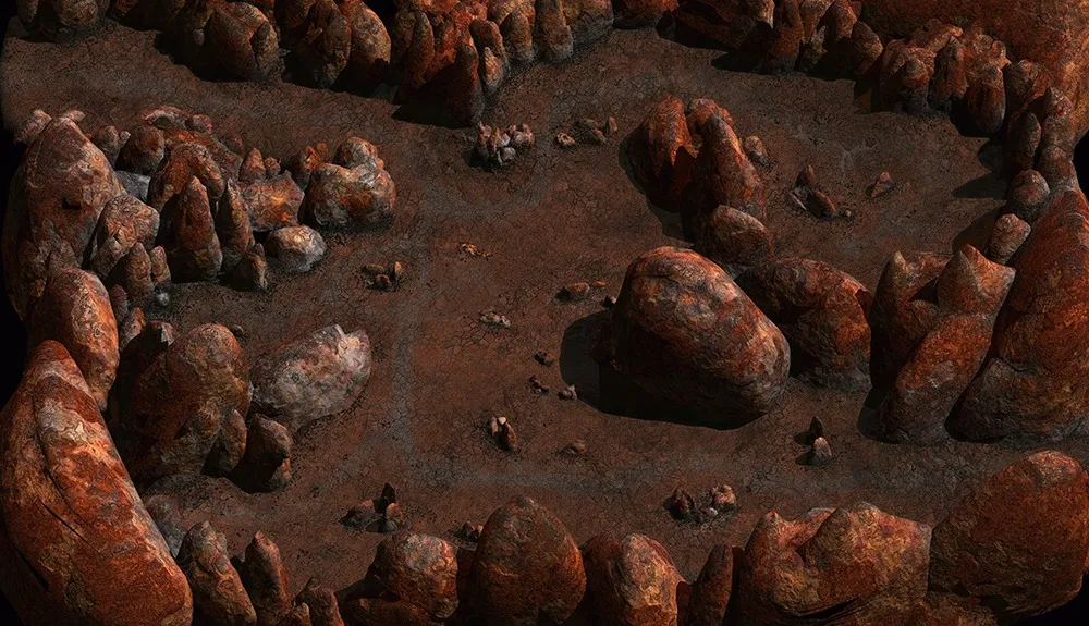Baator – czerwone skały otaczające arenę (Planescape: Torment)