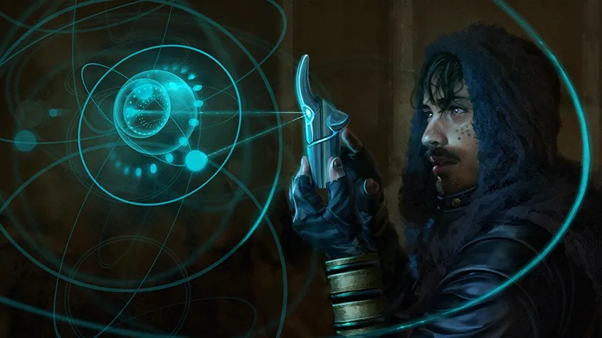 Grafika z Torment: Tides of Numenera – postać badająca świecące urządzenie numenery