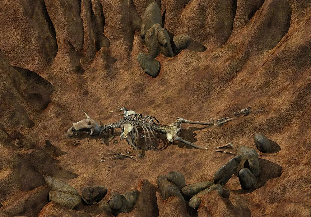 Zewnętrze – szkielet olbrzymiej istoty na pustkowiu (Planescape: Torment)