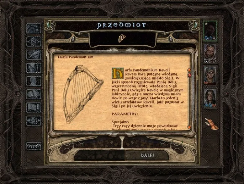 Okno przedmiotu z Baldur’s Gate II – Easter egg z harfą Raveli