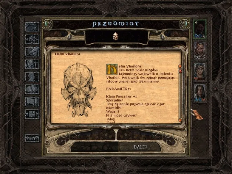 Okno przedmiotu z Baldur’s Gate II – Easter egg z hełmem Vhailora