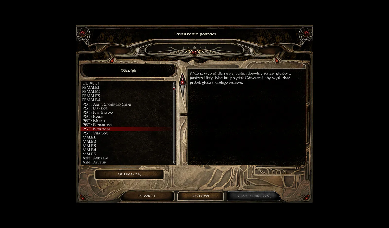 Icewind Dale z modem – okno wyboru postaci z drużyną Bezimiennego