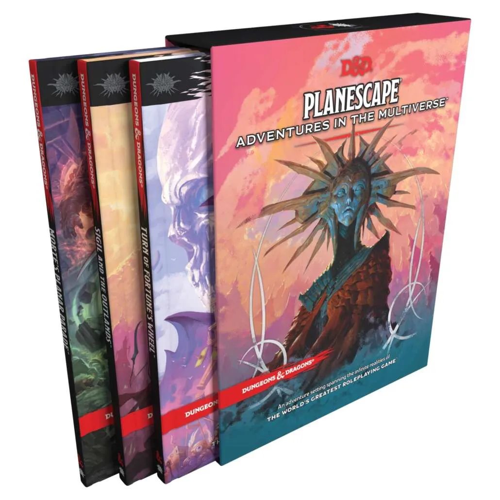 Etui z podręcznikami Planescape: Adventures in the Multiverse z Panią Bólu na okładce