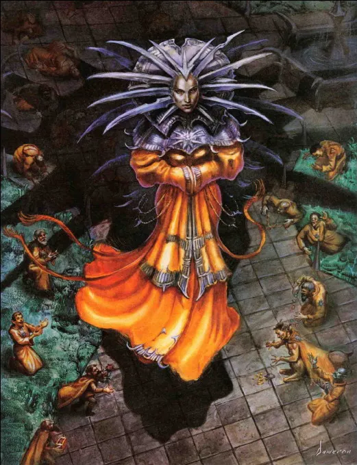 Pani Bólu w pomarańczowej szacie otoczona skrzydlatymi stworzeniami – ilustracja Planescape