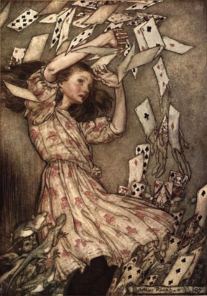 Ilustracja Arthura Rackhama do „Alicji w Krainie Czarów” – Alicja w deszczu kart