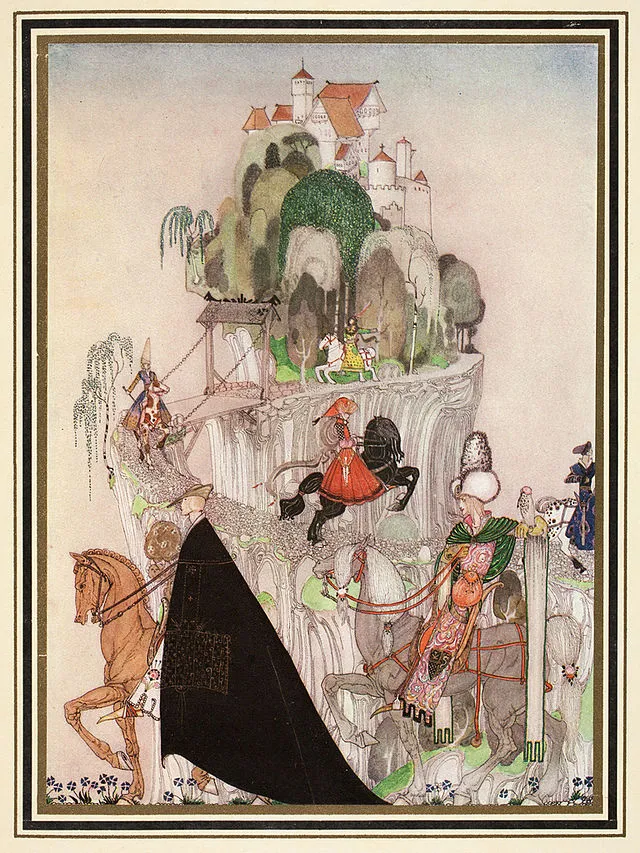 Ilustracja Kay Nielsen – zamek na górze i jeźdźcy